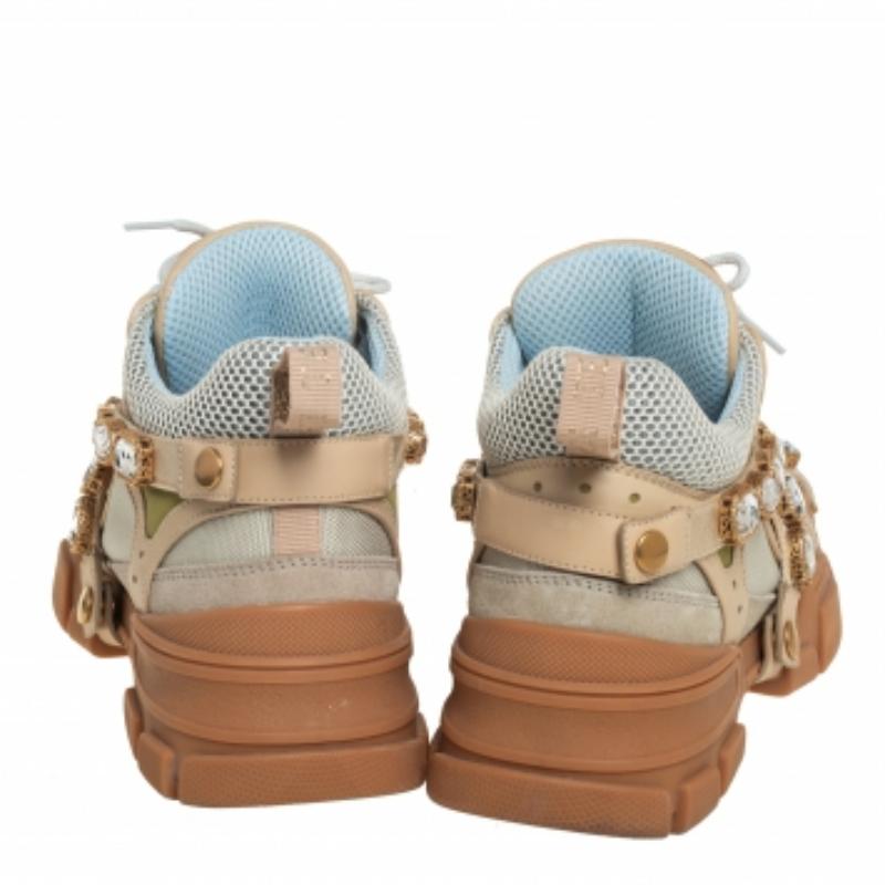 Women's Gucci Beige/Grey Leather And Mesh Flashtrek Removable Crystals Sneaker Size 39 For Sale