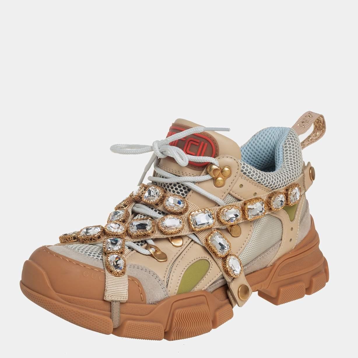  Baskets Flashtrek Gucci en cuir et maille beige/gris avec cristaux amovibles, taille 39 Pour femmes 