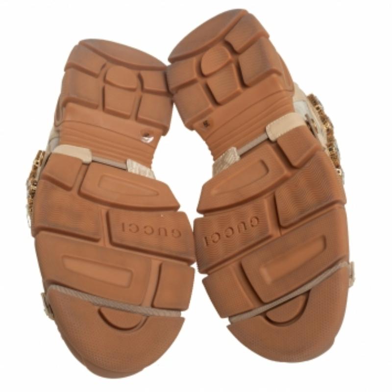 Gucci Beige/Grey Leather And Mesh Flashtrek Removable Crystals Sneaker Size 39 For Sale 1