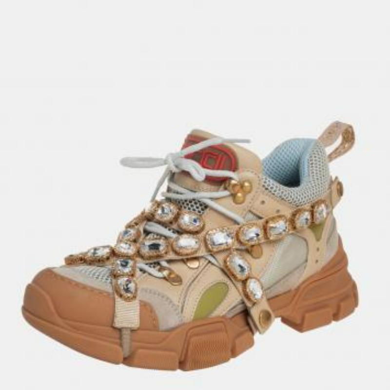 Gucci Beige/Grey Leather And Mesh Flashtrek Removable Crystals Sneaker Size 39 For Sale 2