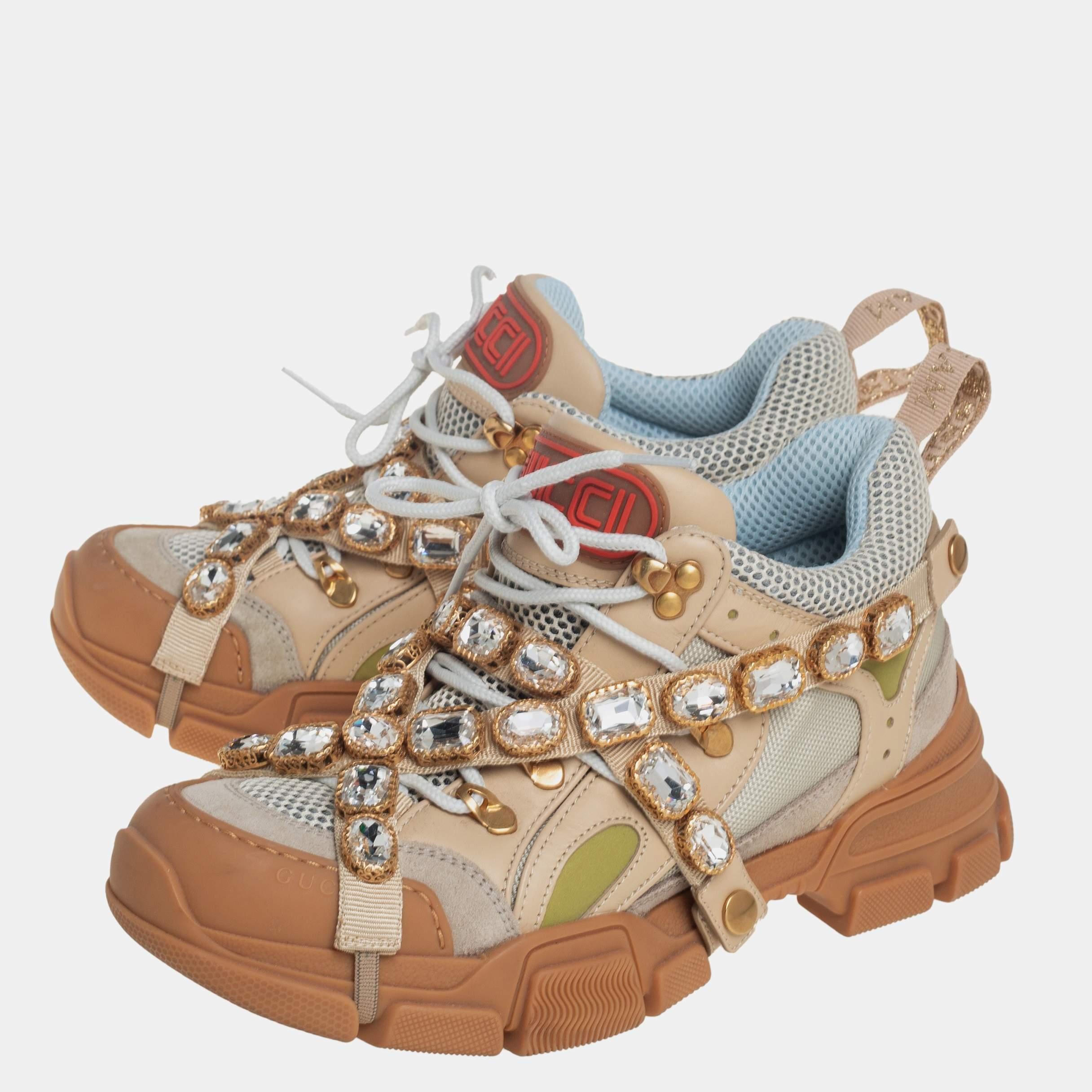 Baskets Flashtrek Gucci en cuir et maille beige/gris avec cristaux amovibles, taille 39 2