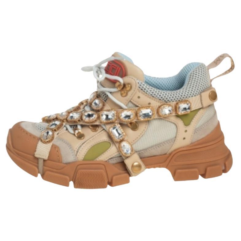 Gucci Beige/Grey Leather And Mesh Flashtrek Removable Crystals Sneaker Size 39 For Sale