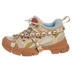 Gucci Beige/Grey Leather And Mesh Flashtrek Removable Crystals Sneaker Size 39