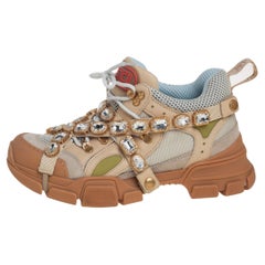 Gucci Beige/Grey Leather And Mesh Flashtrek Removable Crystals Sneaker Size 39