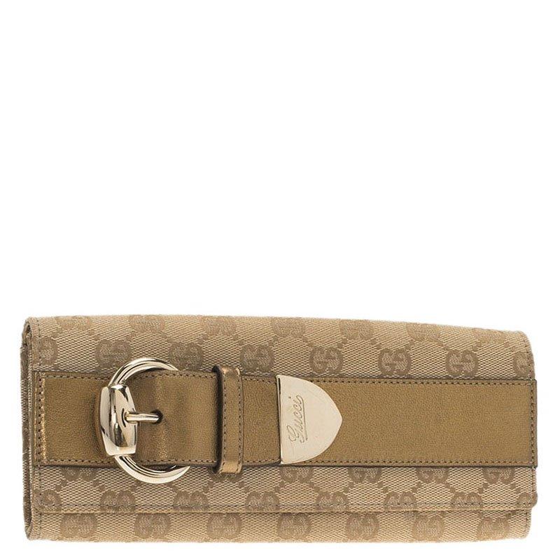 Brown Gucci Beige Guccissima Canvas and Gold Leather Buckle Continental Wallet