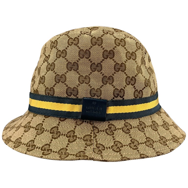 GUCCI Size L Beige Guccissima Blue and Yellow Stripe Bucket Hat at 1stDibs