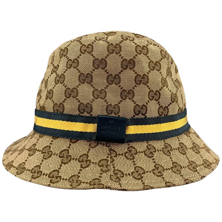 GUCCI Beige Guccissima Monogram Canvas Yellow Blue Striped Bucket Hat