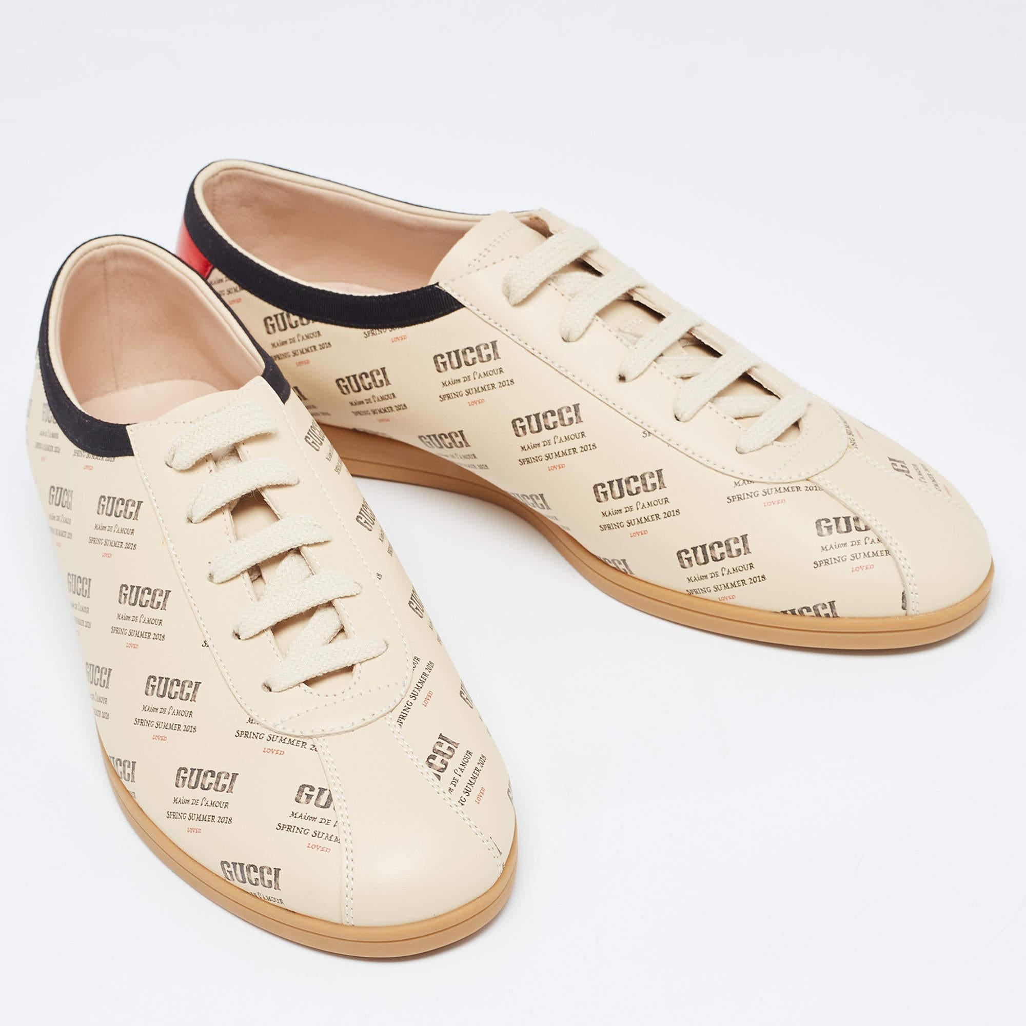 Gucci Beige Invite Print Leather Falacer Sneakers Size 40 For Sale 2