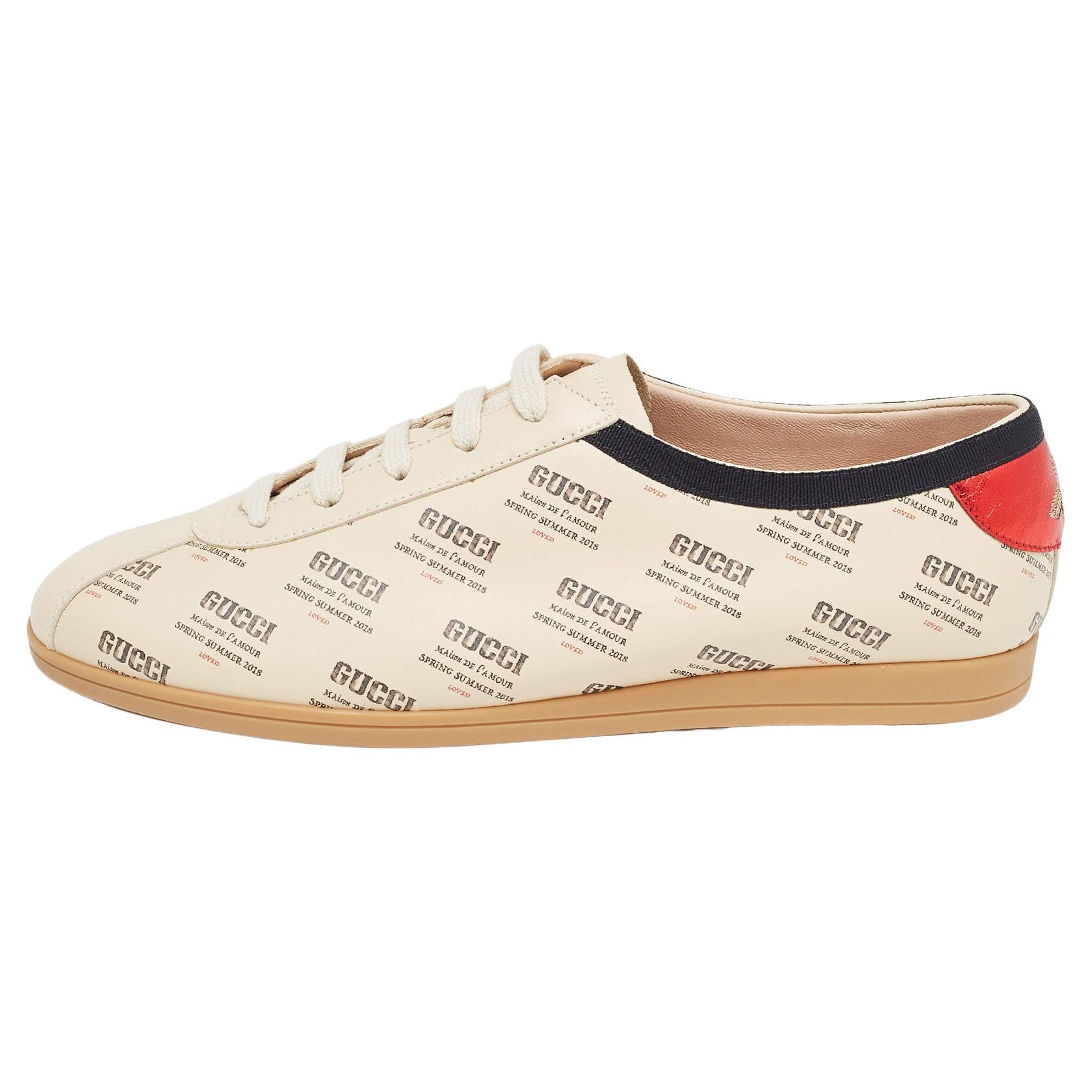 Gucci Beige Invite Print Leather Falacer Sneakers Size 40 For Sale