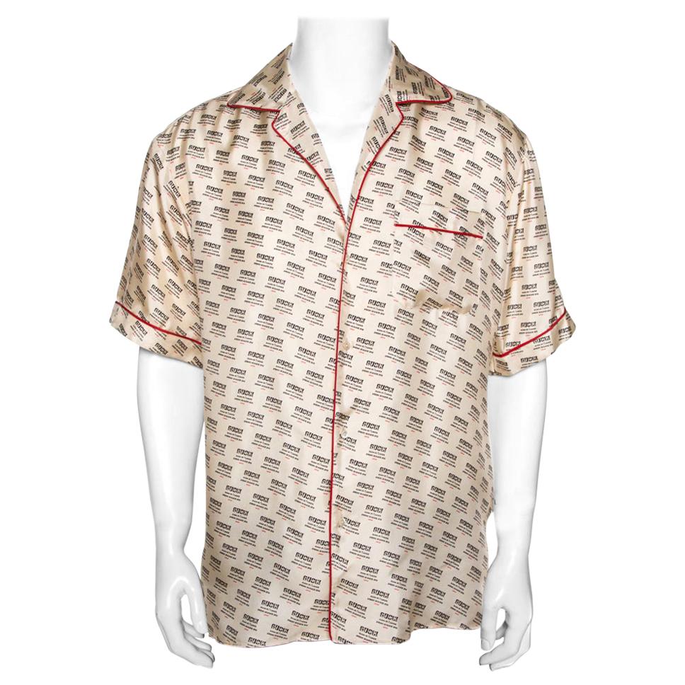 Gucci Beige Invite Stamp Print Silk Satin Bowling Shirt XL