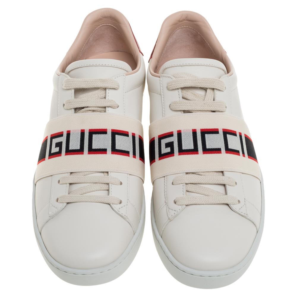 Gucci Beige Leather Ace Gucci Stripe Low Top Sneakers Size 37.5 In New Condition In Dubai, Al Qouz 2