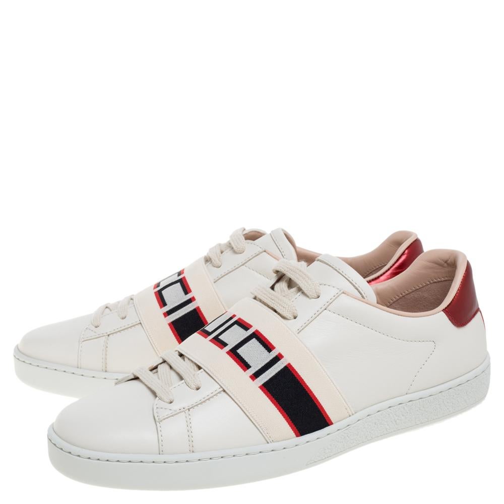 Women's Gucci Beige Leather Ace Gucci Stripe Low Top Sneakers Size 37.5