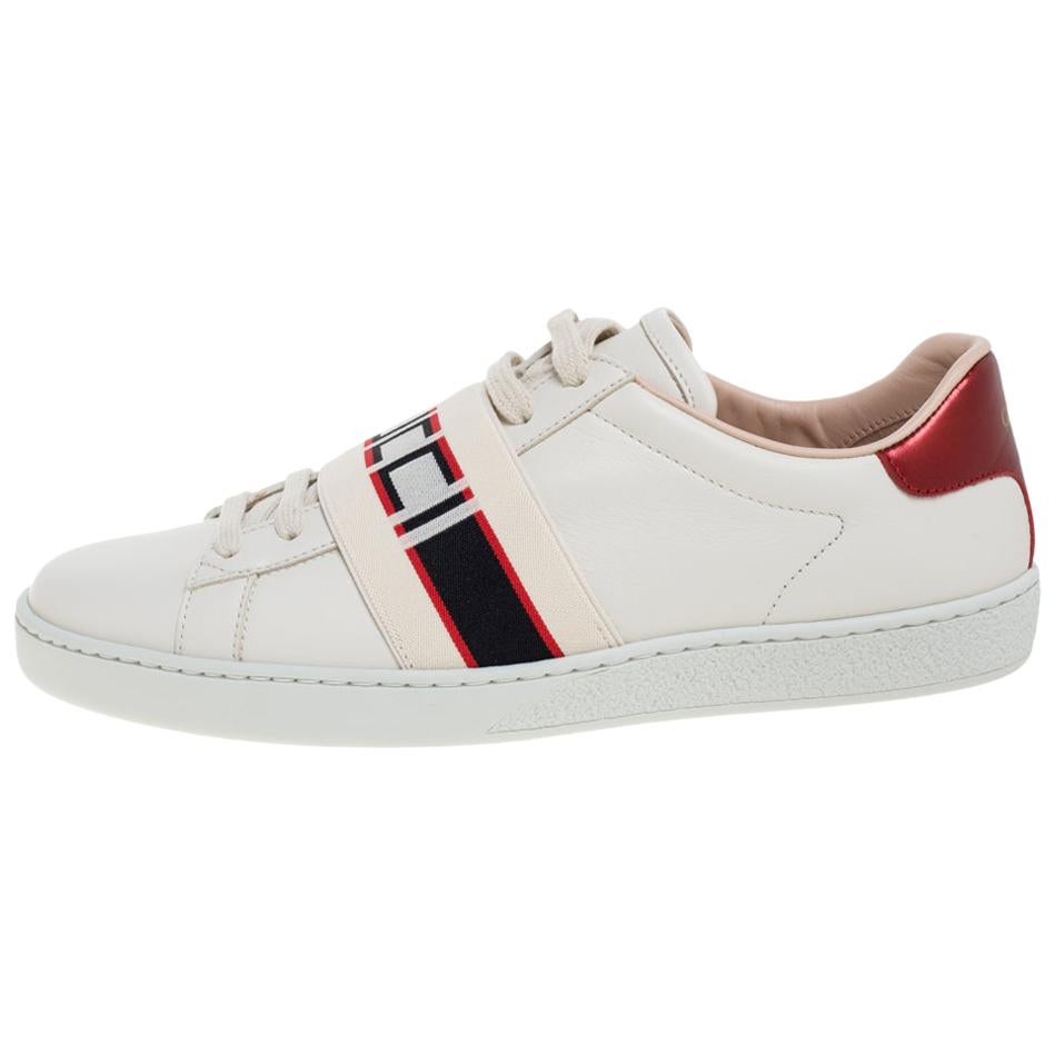 Gucci Beige Leather Ace Gucci Stripe Low Top Sneakers Size 37.5