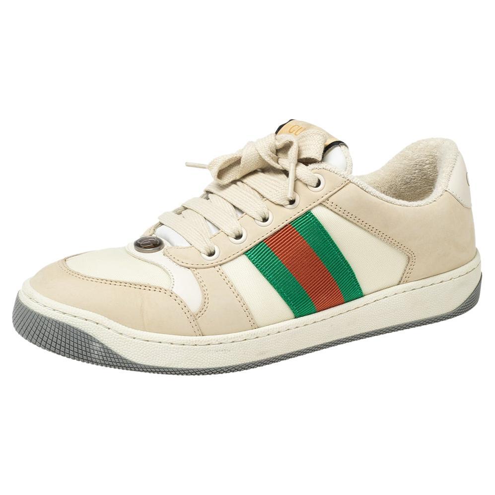 Gucci Beige Leather and Nubuck Leather Screener Low Top Sneakers Size 37