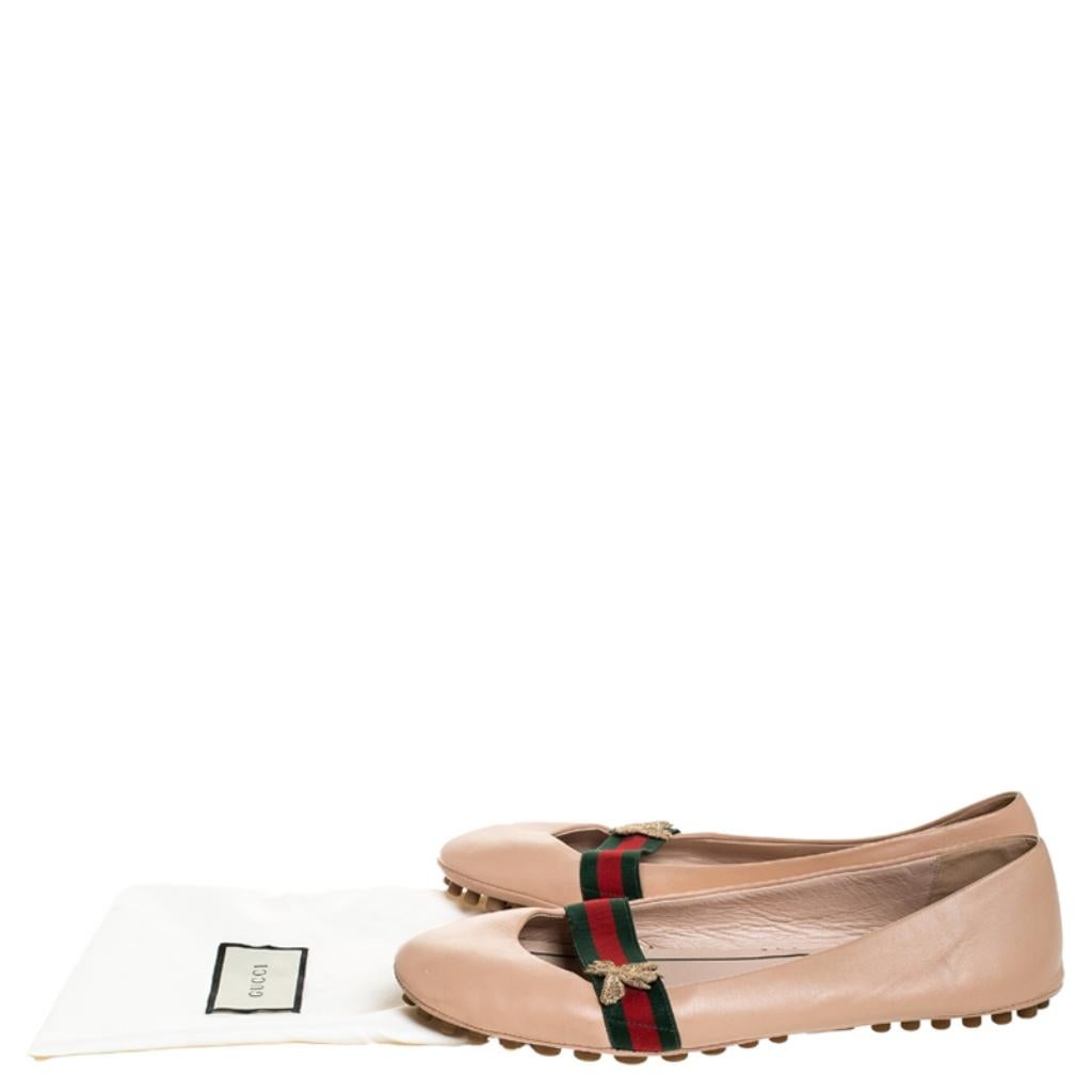 Gucci Beige Leather And Web Canvas Bayadere Bee Ballet Flats Size 39.5 1
