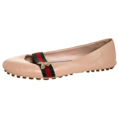 Gucci Beige Leather And Web Canvas Bayadere Bee Ballet Flats Size 39.5