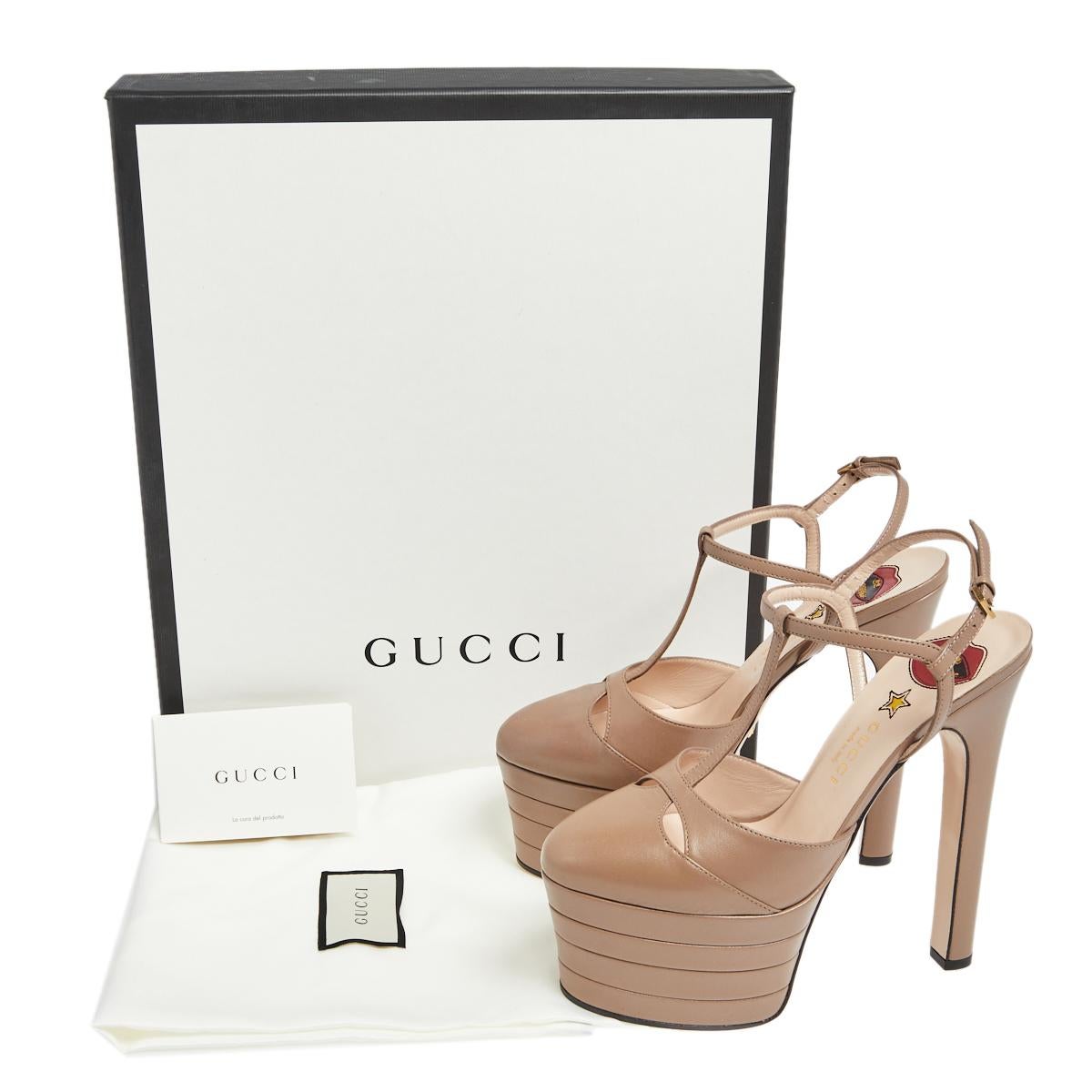 Gucci Beige Leather Angel T Strap Platform Sandals Size 37 3