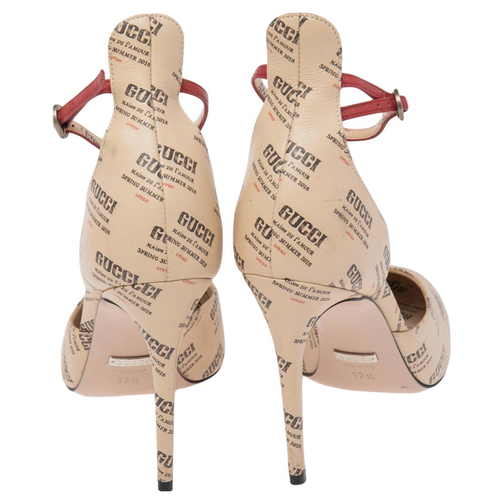 Gucci Beige Leather Apollo Logo Daisy Ankle Strap Sandals Size 37.5 In Good Condition In Dubai, Al Qouz 2