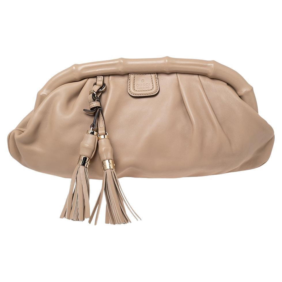 Gucci Beige Leather Bamboo Frame Tassel Clutch