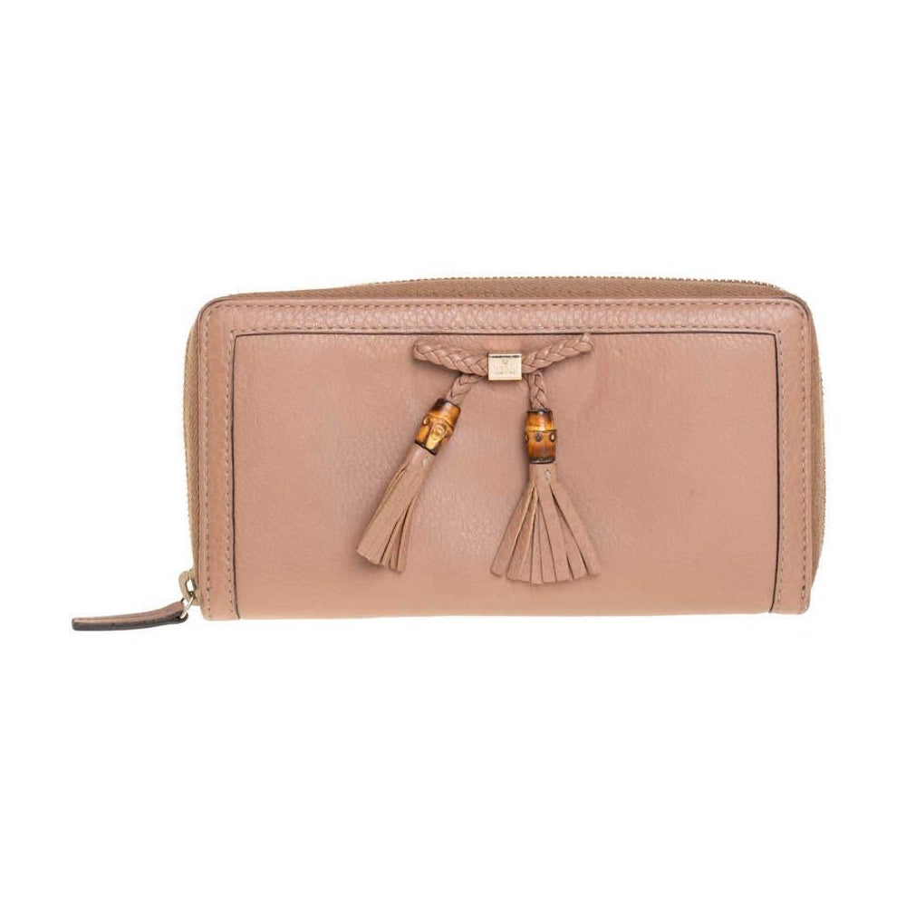 Gucci Beige Leather Bamboo Tassel Bow Zip Around Wallet