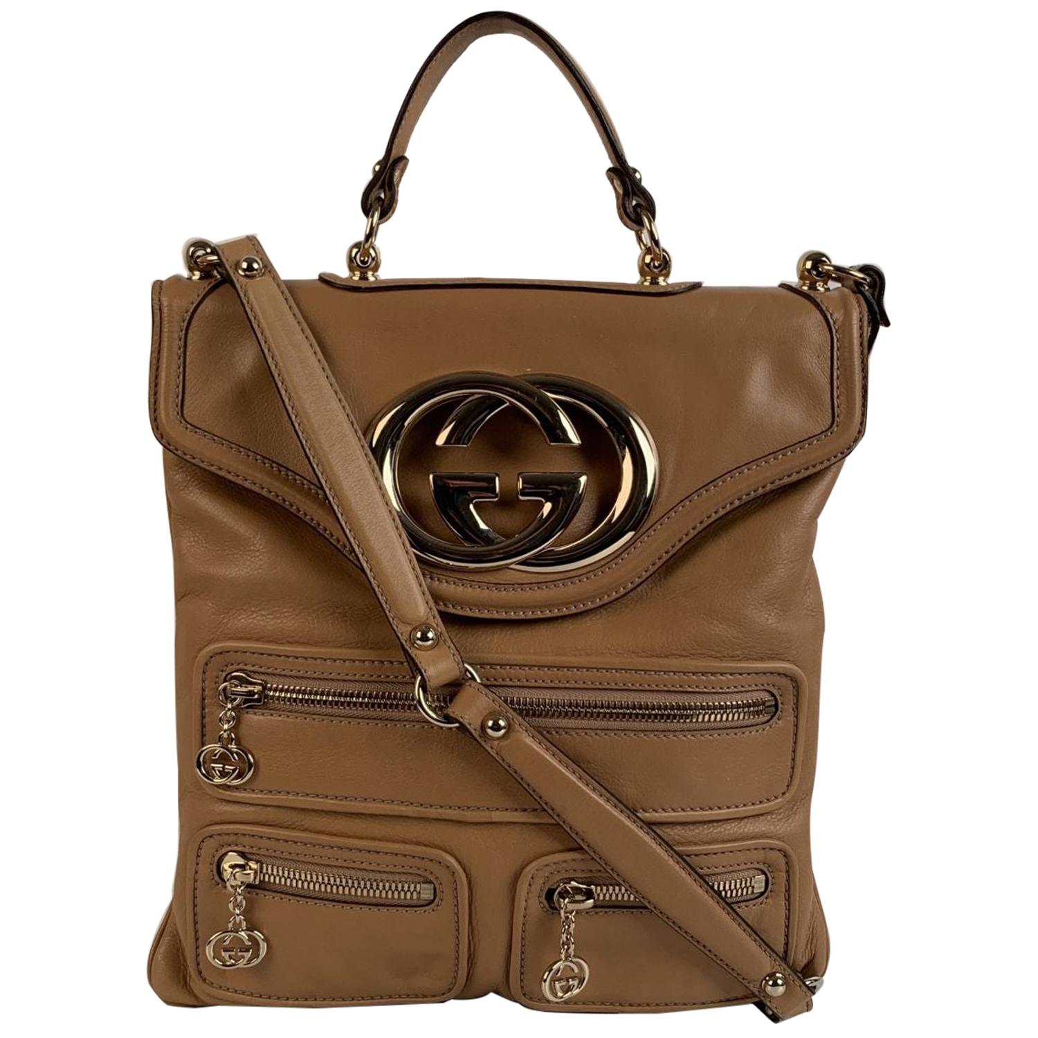 Gucci Beige Leather Britt Messenger GG Logo Shoulder Bag