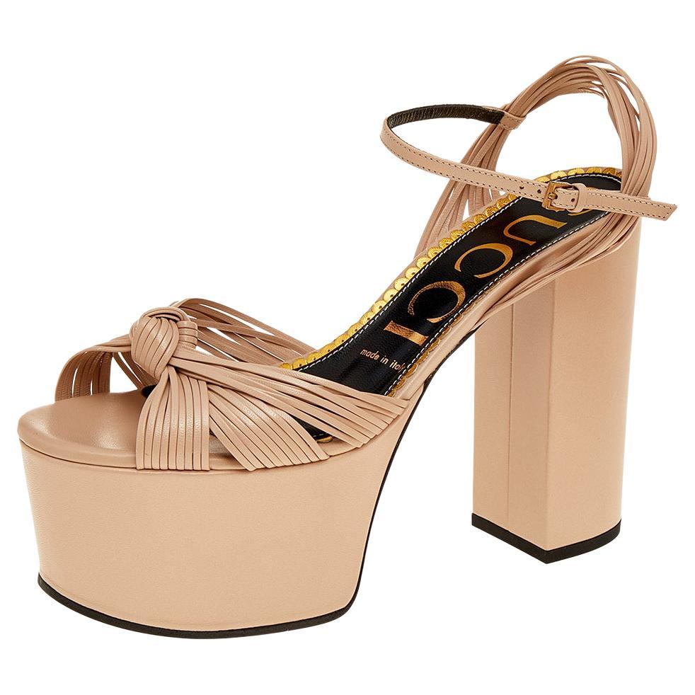 Gucci Beige Leather Crawford Knotted Platform Ankle Strap Sandals Size 38.5