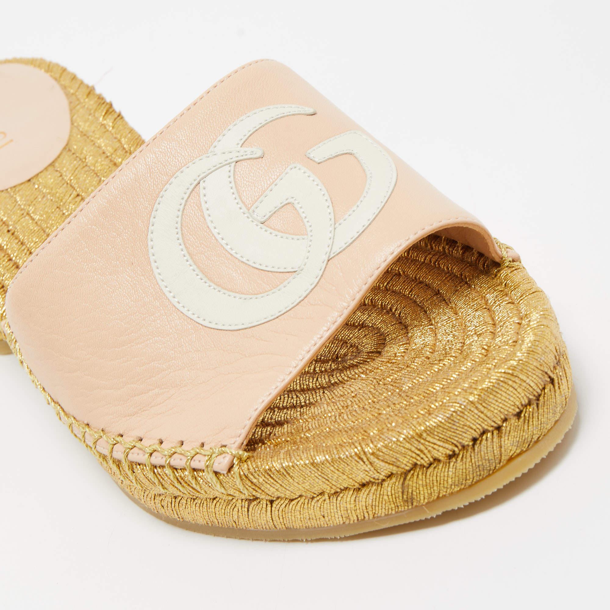 Gucci Beige Leather GG Espadrille Slides Size 36.5 2