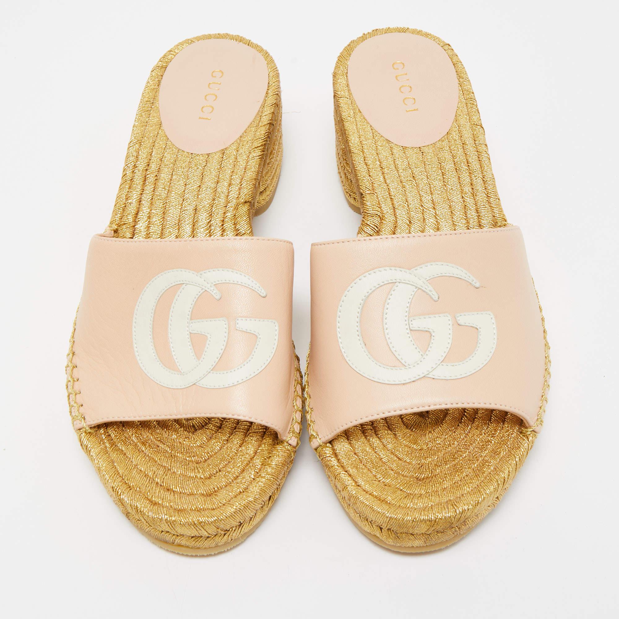 Gucci Beige Leather GG Espadrille Slides Size 36.5 3