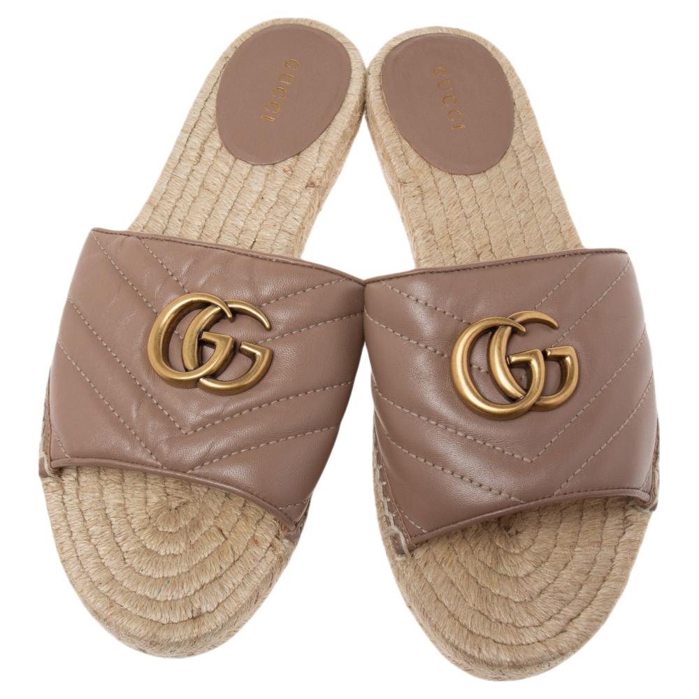 Women's Gucci Beige Leather GG Marmont Pilar Espadrilles Slides Size 37.5