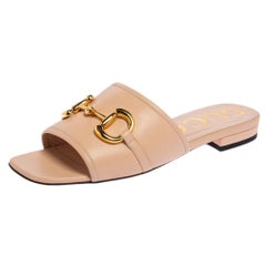 Gucci Beige Leather Horsebit Flat Slides Size 36.5