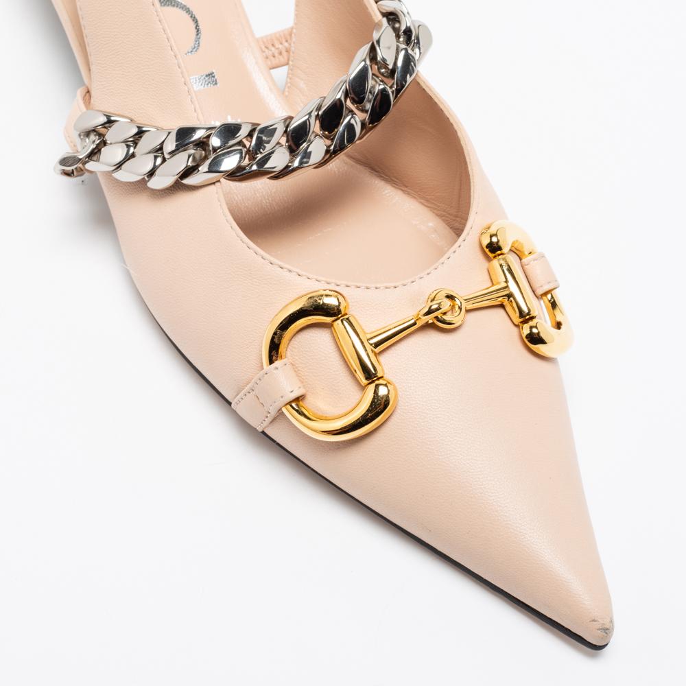 Women's Gucci Beige Leather Horsebit Pointed Toe Slingback Sandals Size 38.5