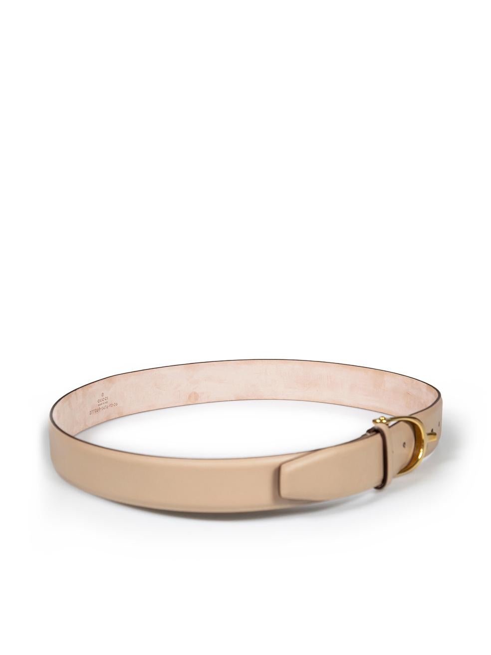 CONDITION is Very good. Minimal wear to belt is evident. Minimal wear to the front and back with light marks to the leather on this used Gucci designer resale item. This belt comes with original dust bag.
 
 
 
 Details
 
 
 Beige
 
 Leather
 
