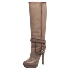 Gucci Beige Leather Knee Length Buckle Detail Boots Size 39