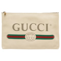 Gucci Beige Leather Logo Print Clutch
