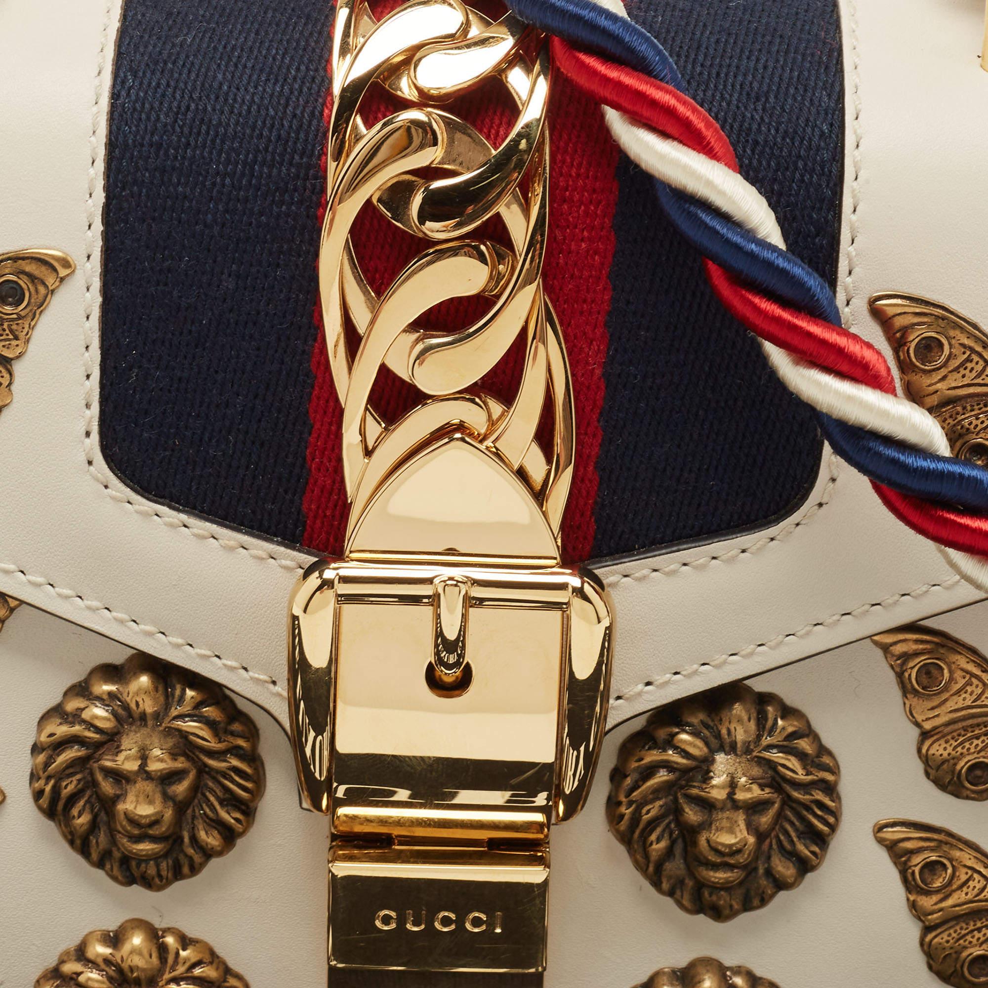 Gucci Beige Leather Mini Sylvie Animal Stud Embellished Top Handle Bag 11