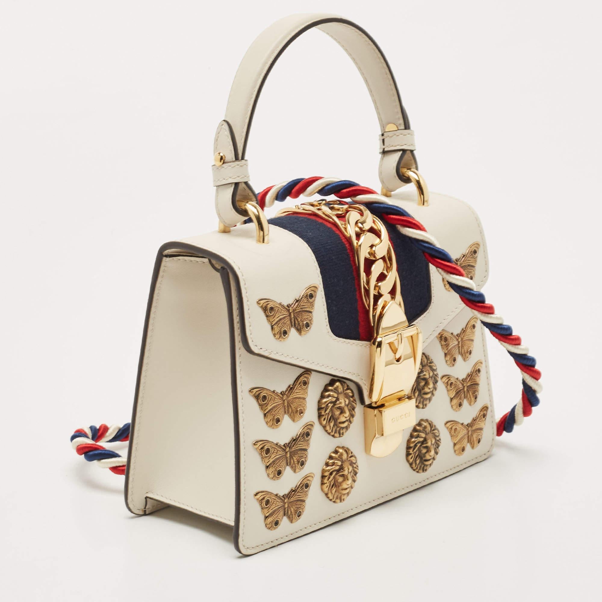 Women's Gucci Beige Leather Mini Sylvie Animal Stud Embellished Top Handle Bag