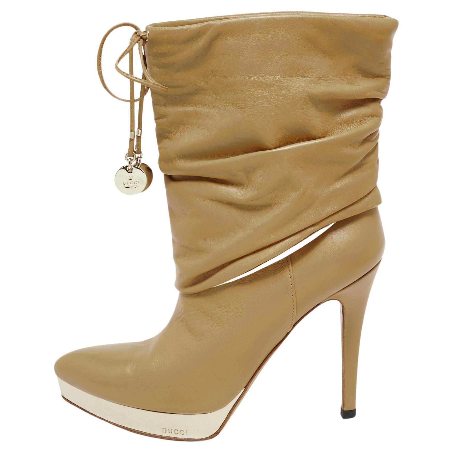 Gucci Beige Leather Platform Ankle Boots Size 36 For Sale