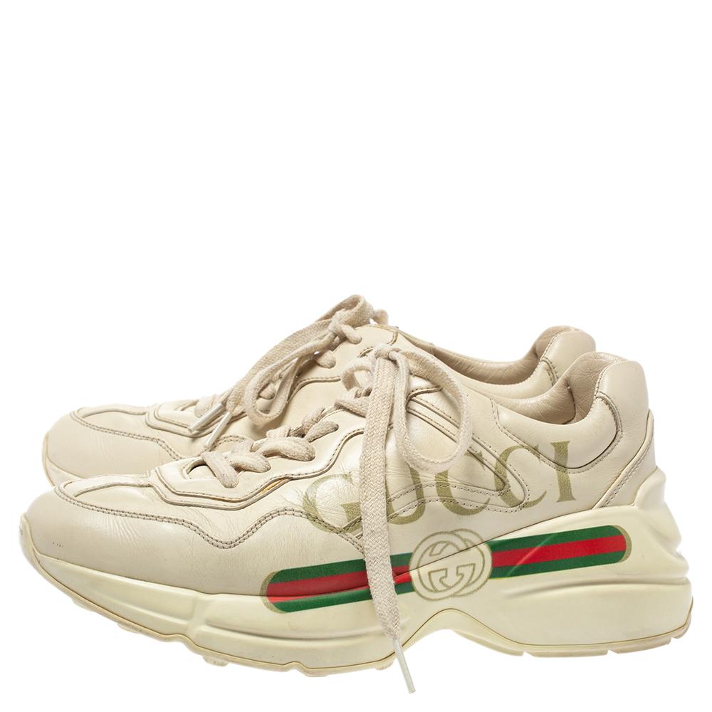 Gucci Beige Leather Rhyton Gucci Logo Low Top Sneakers Size 36 1