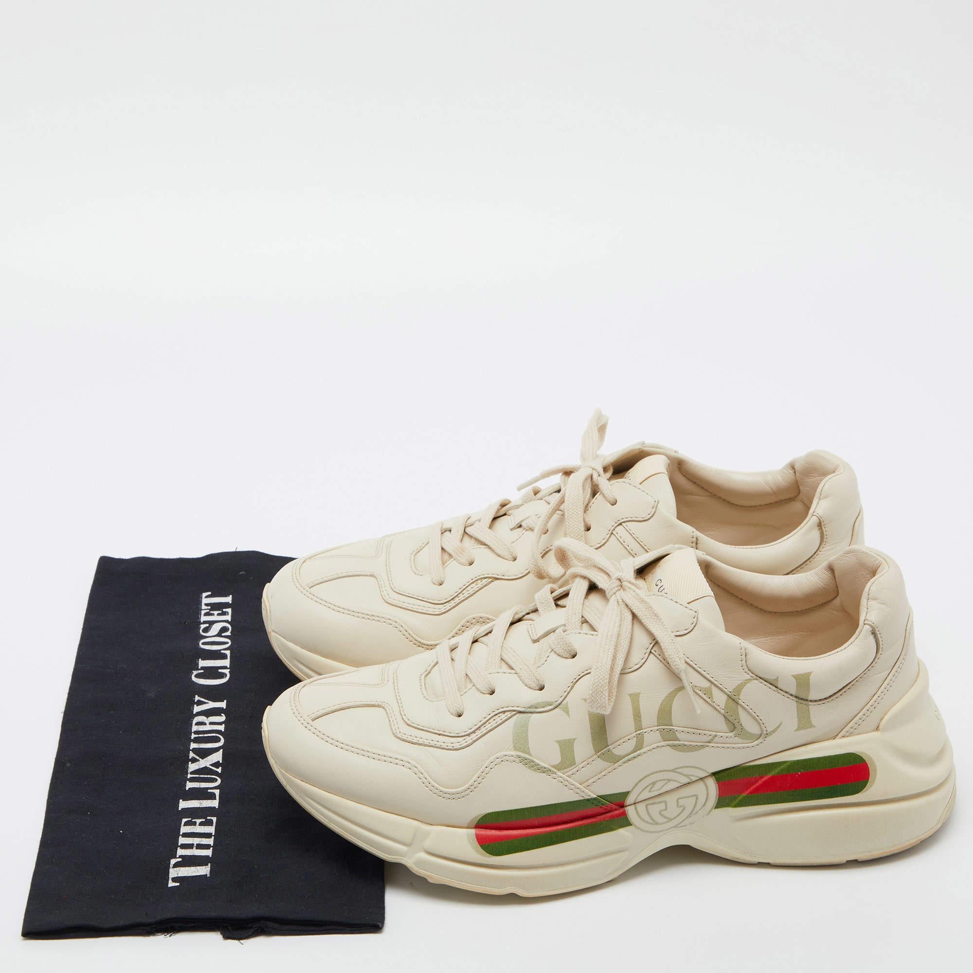 Gucci Beige Leather Rhyton Vintage Logo Low Top Sneakers Size 43 5