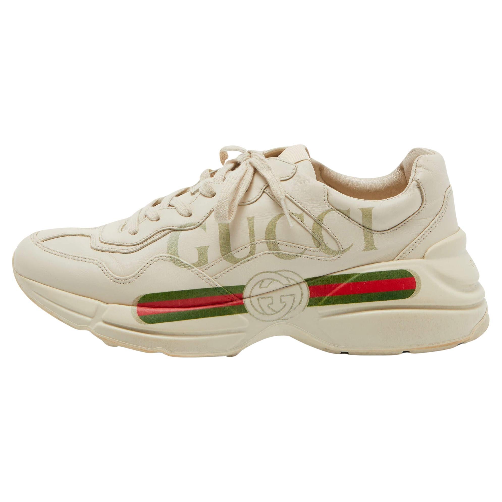 Gucci Beige Leather Rhyton Vintage Logo Low Sneakers Size 43 For Sale at 1stDibs