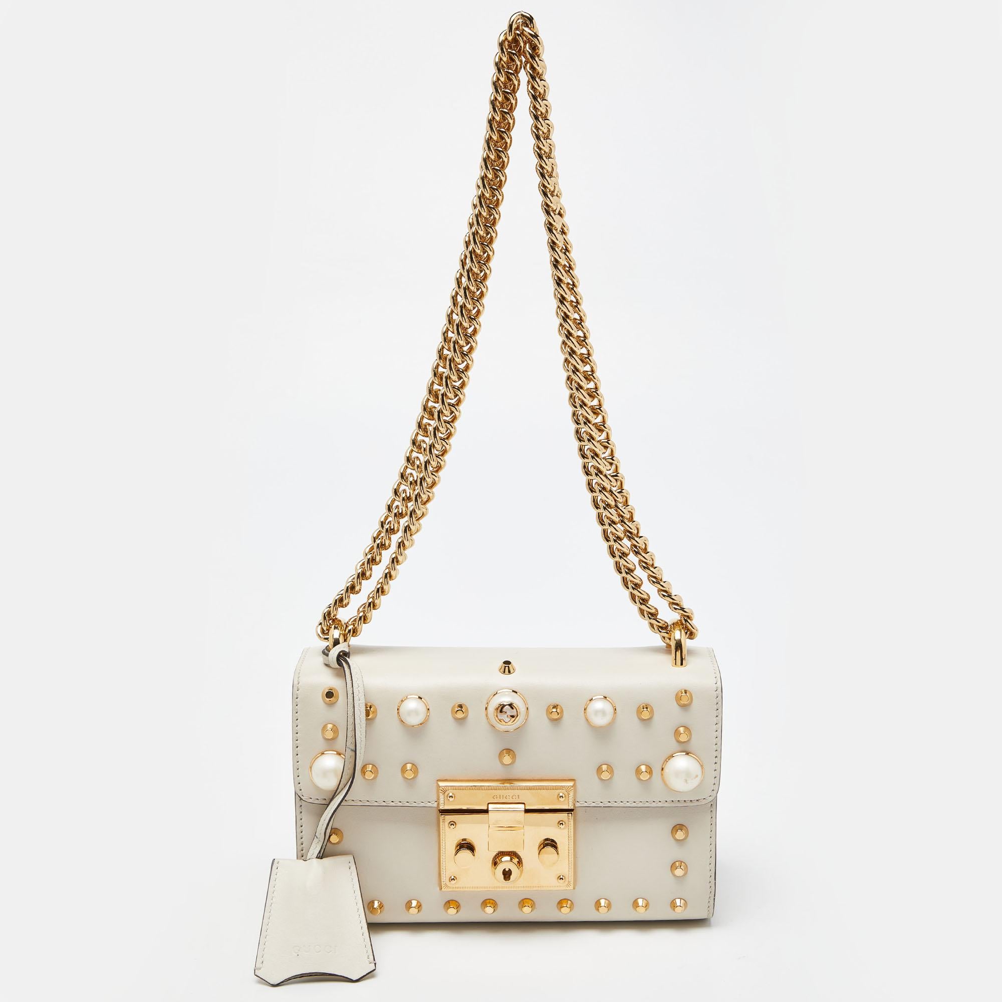 Gucci Beige Leather Small Pearl Studded Padlock Shoulder Bag For Sale 5