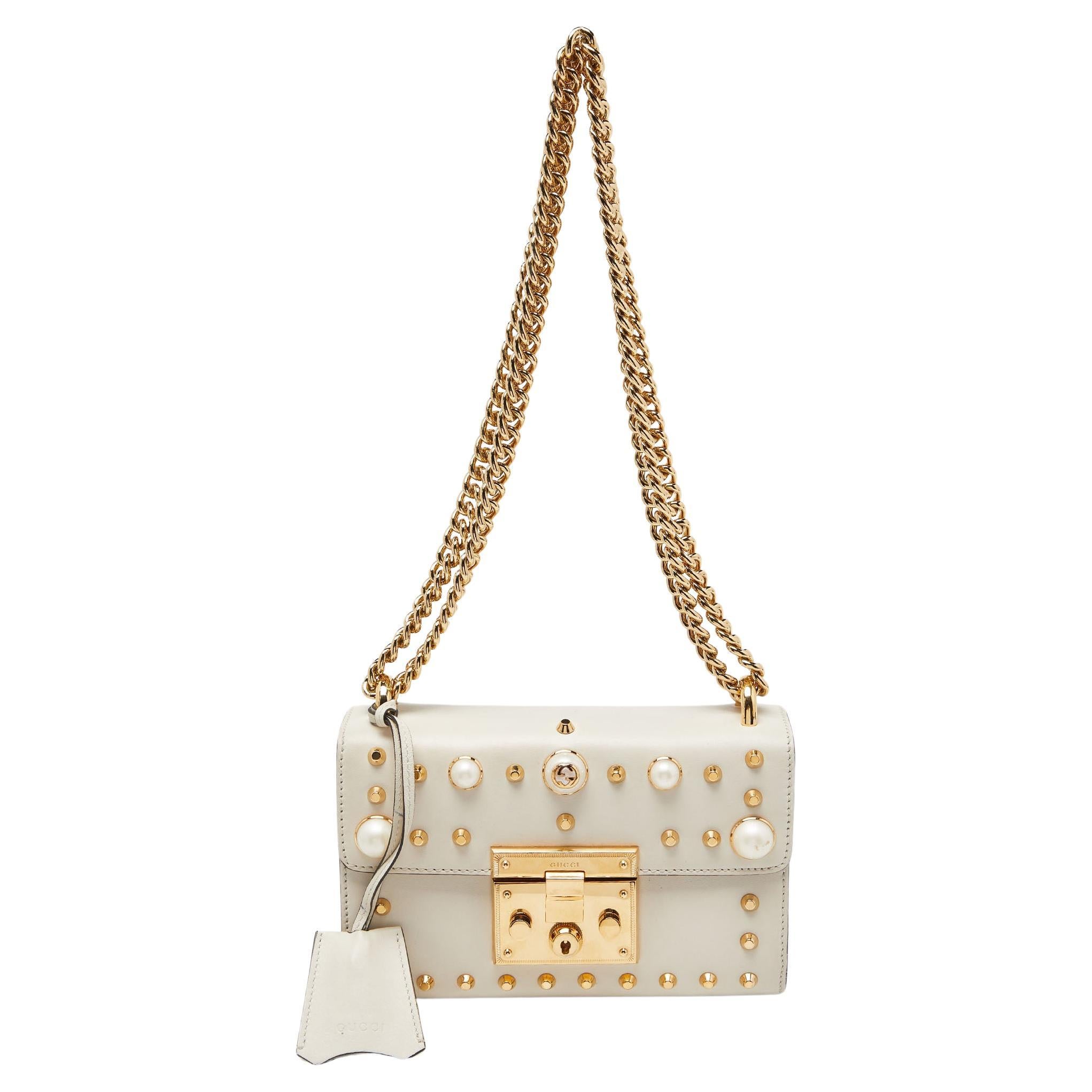 Gucci Beige Leather Small Pearl Studded Padlock Shoulder Bag For Sale