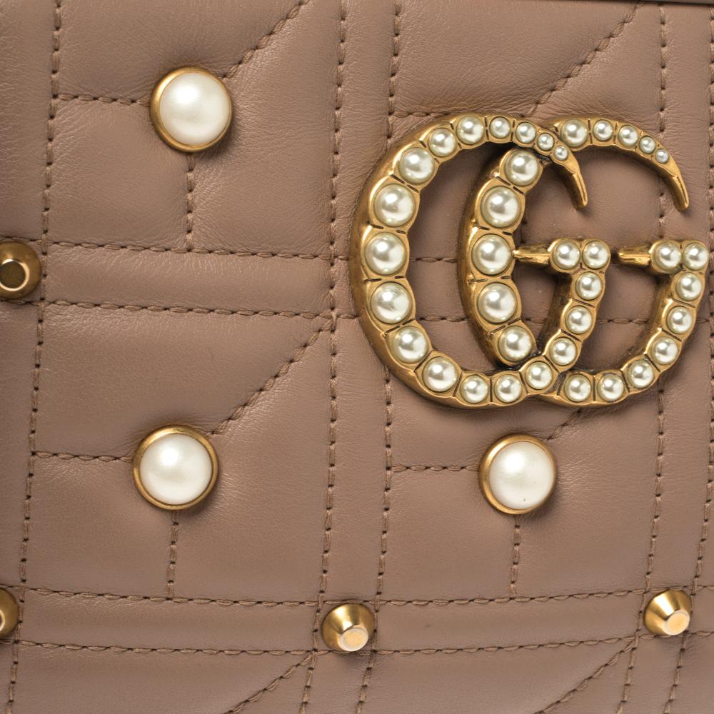 Women's Gucci Beige Leather Small Studs and Pearl Embellished GG Marmont Shoulder Bag