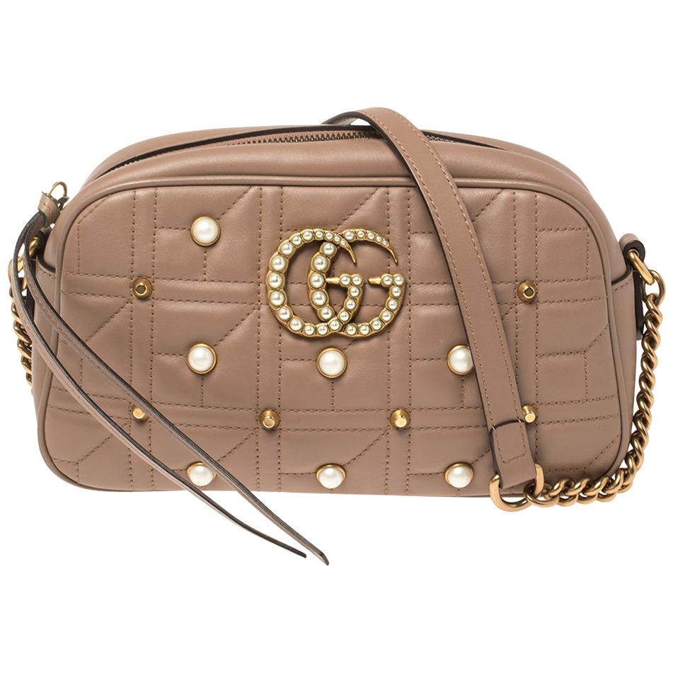 Gucci Beige Leather Small Studs and Pearl Embellished GG Marmont Shoulder Bag