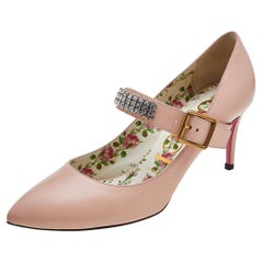 Gucci Beige Leather Sylvie Crystal Embellished Mary Jane Pumps Size 37