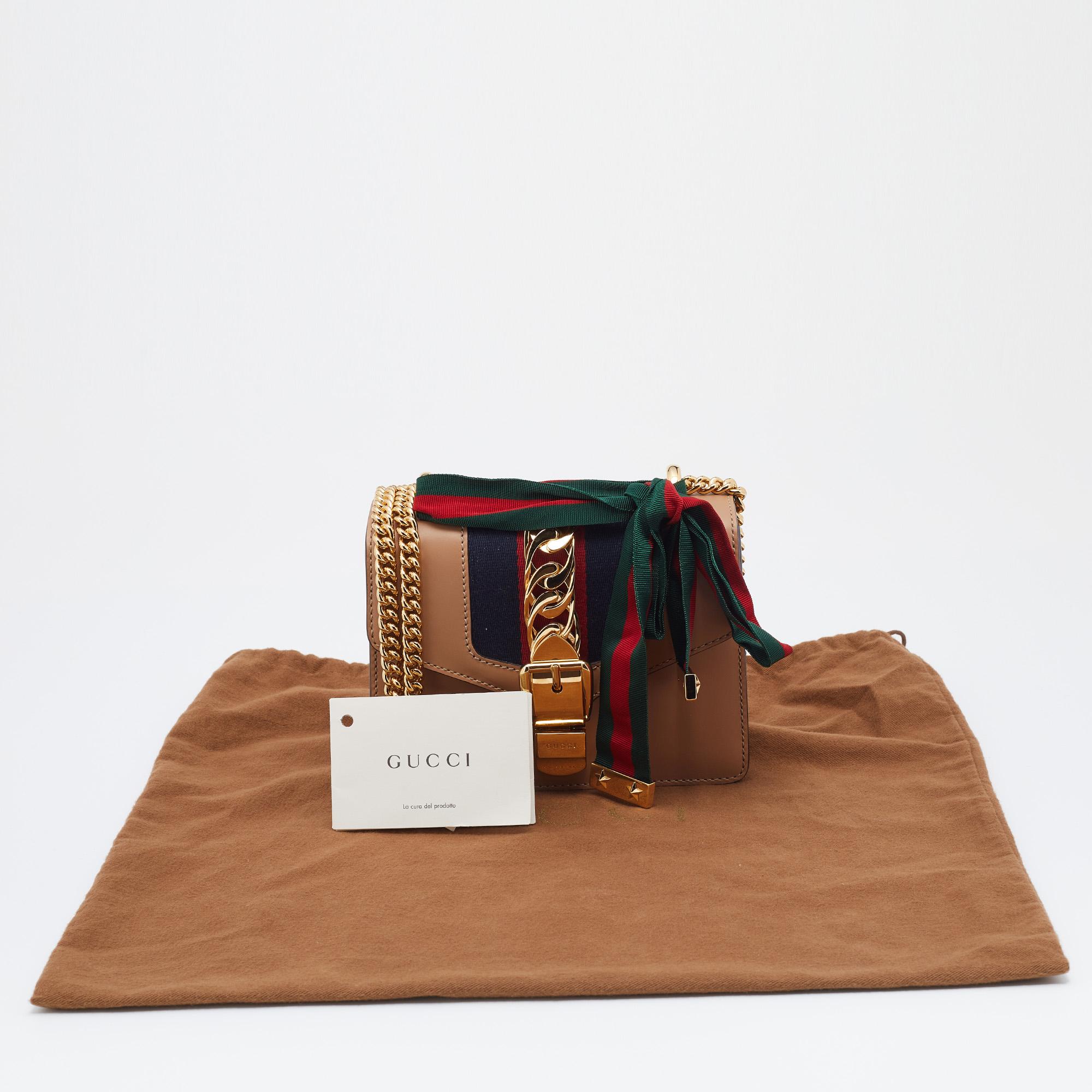 Gucci Beige Leather Sylvie Mini Web Chain Shoulder Bag 6