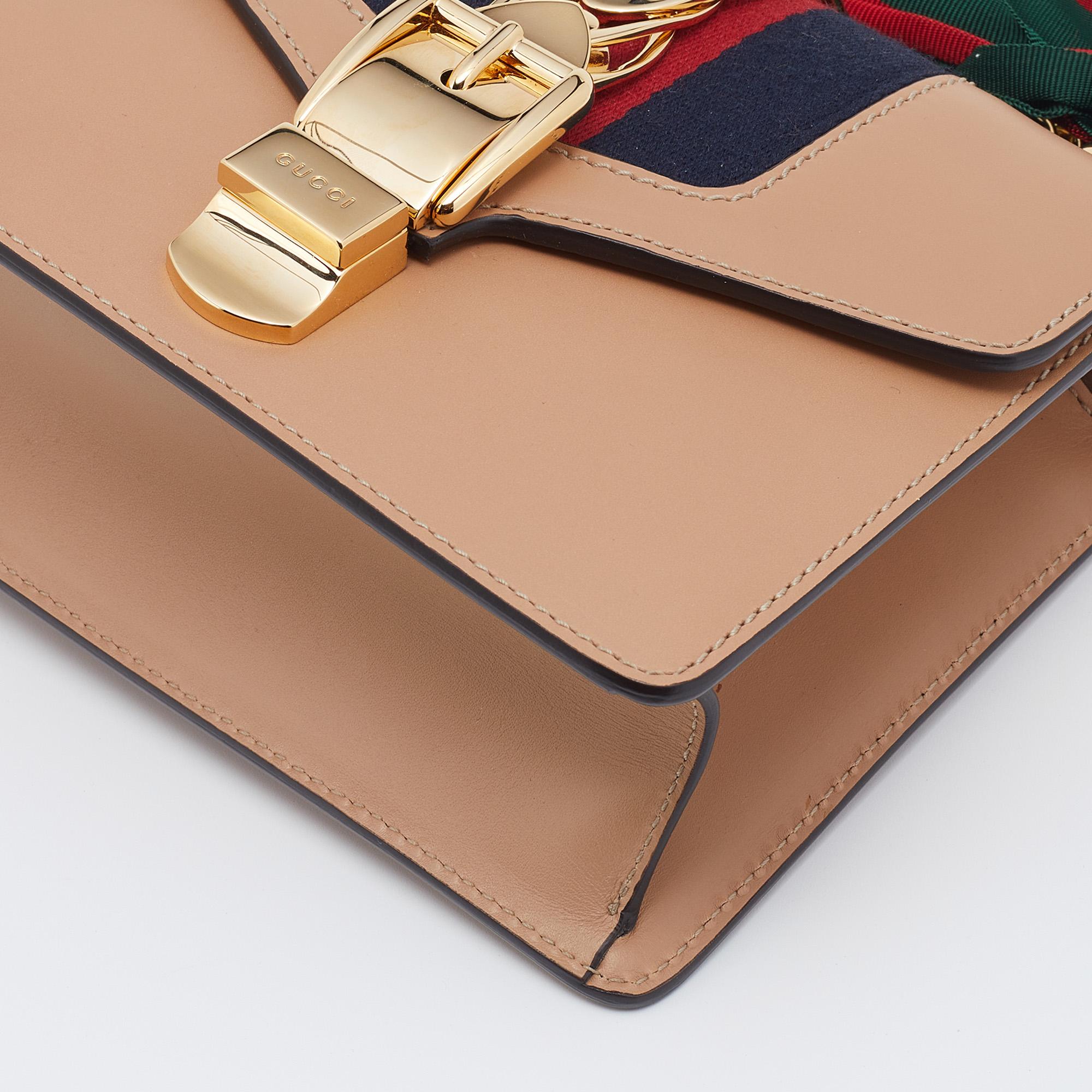 Women's Gucci Beige Leather Sylvie Mini Web Chain Shoulder Bag
