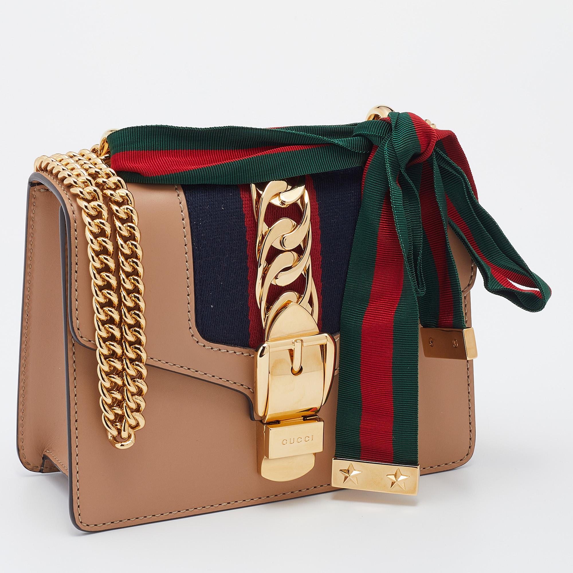 Gucci Beige Leather Sylvie Mini Web Chain Shoulder Bag 5