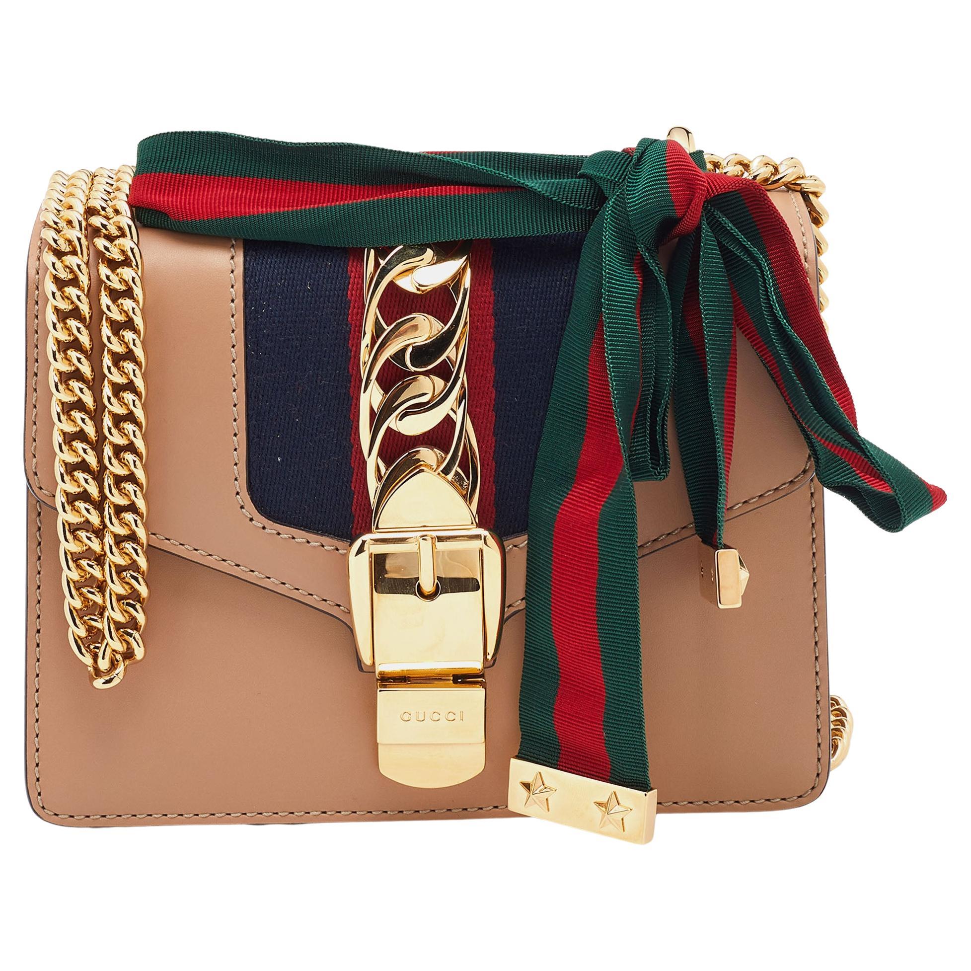Gucci Beige Leather Sylvie Mini Web Chain Shoulder Bag