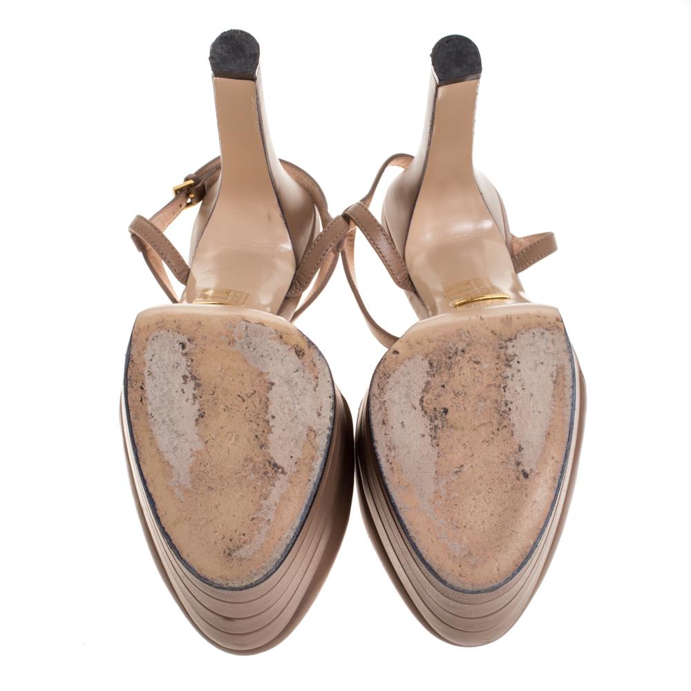Women's Gucci Beige Leather T-Strap Platform Ankle Strap Pumps Size 38.5
